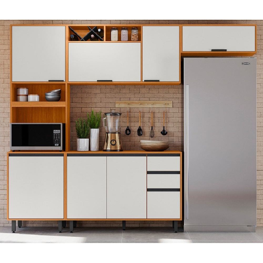 Cozinha Modulada Ravena 4 Peças com Balcão 120m com Tampo MDP  - Freijó UV/Off Acetindo Poliman