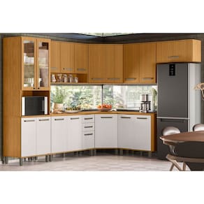 Jogo de Cozinha Criare Modulada 270x240cm  detalhes Ripado com Balcão 120m com Tampo MDP - Freijó/Ripado/ Off Acetinado Poliman