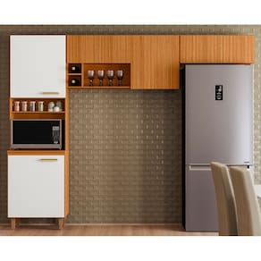 Cozinha Compacta Sicilia 260cm com Detalhe Ripado Frisado - Freijó UV/Off Acetinado/Ripado Frisado Poliman