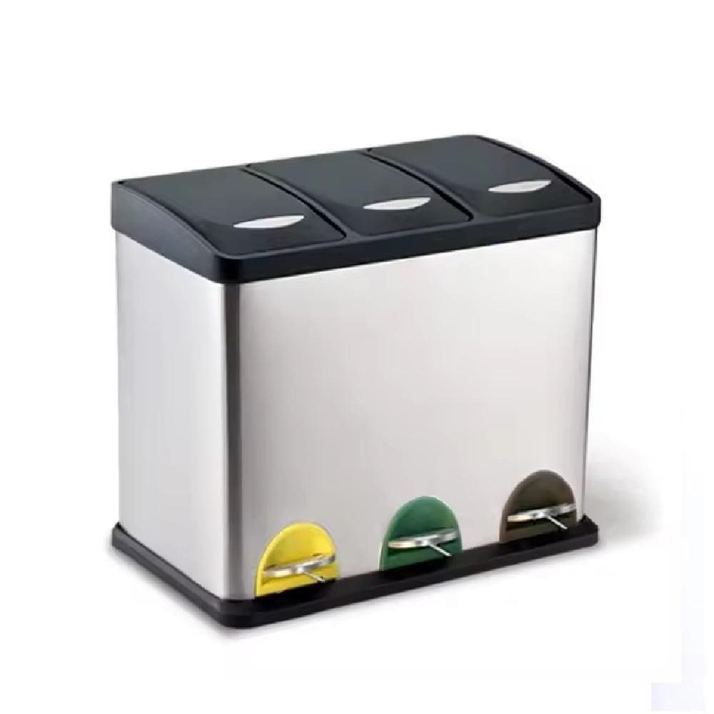 Lixeira Tripla Inox Pedal Grande 24 Litros Coleta Seletiva Cesto De Lixo Gigante 3 Em 1 Luxo Cozinha Escritorio Empresa