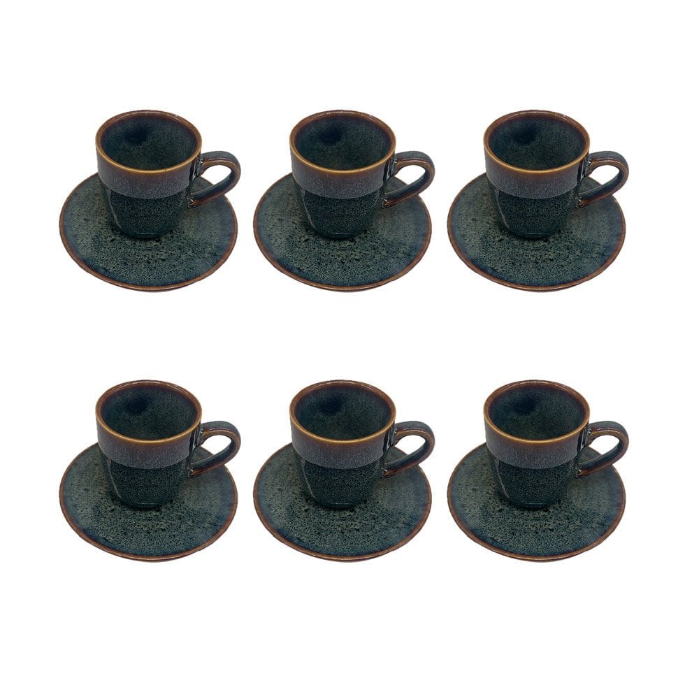 Conjunto 6 Xícaras e Pires em Porcelana Verde e Marrom 100ml BM0013 BTC