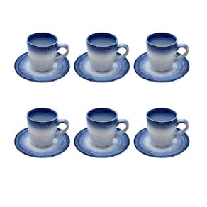 Conjunto 6 Xícaras e Pires em Porcelana Branco e Azul 100ml BM0015 BTC
