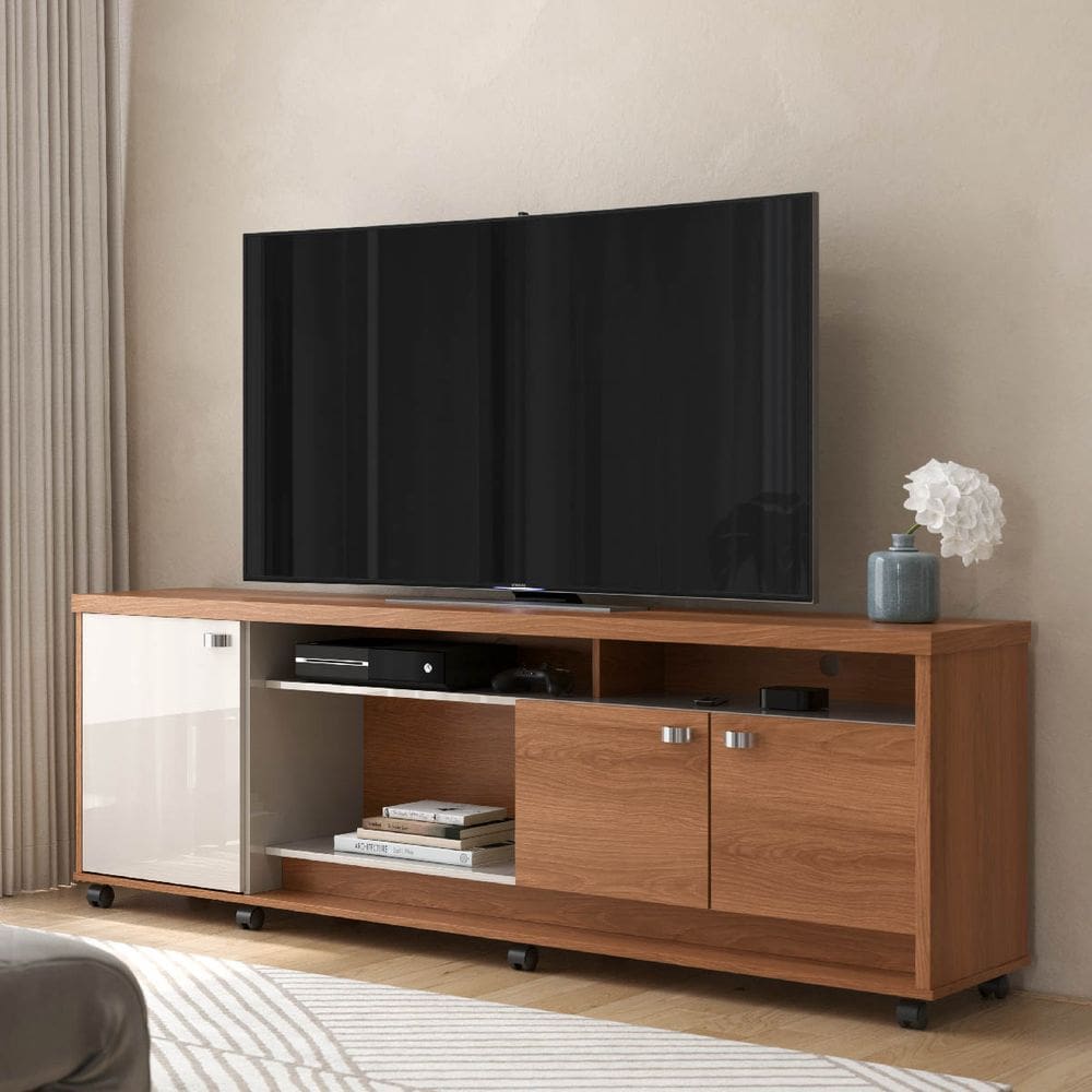 Rack para TV até 75 polegadas Dallas com 3 Portas e Rodízios Jequitibá/Off White - Lukaliam