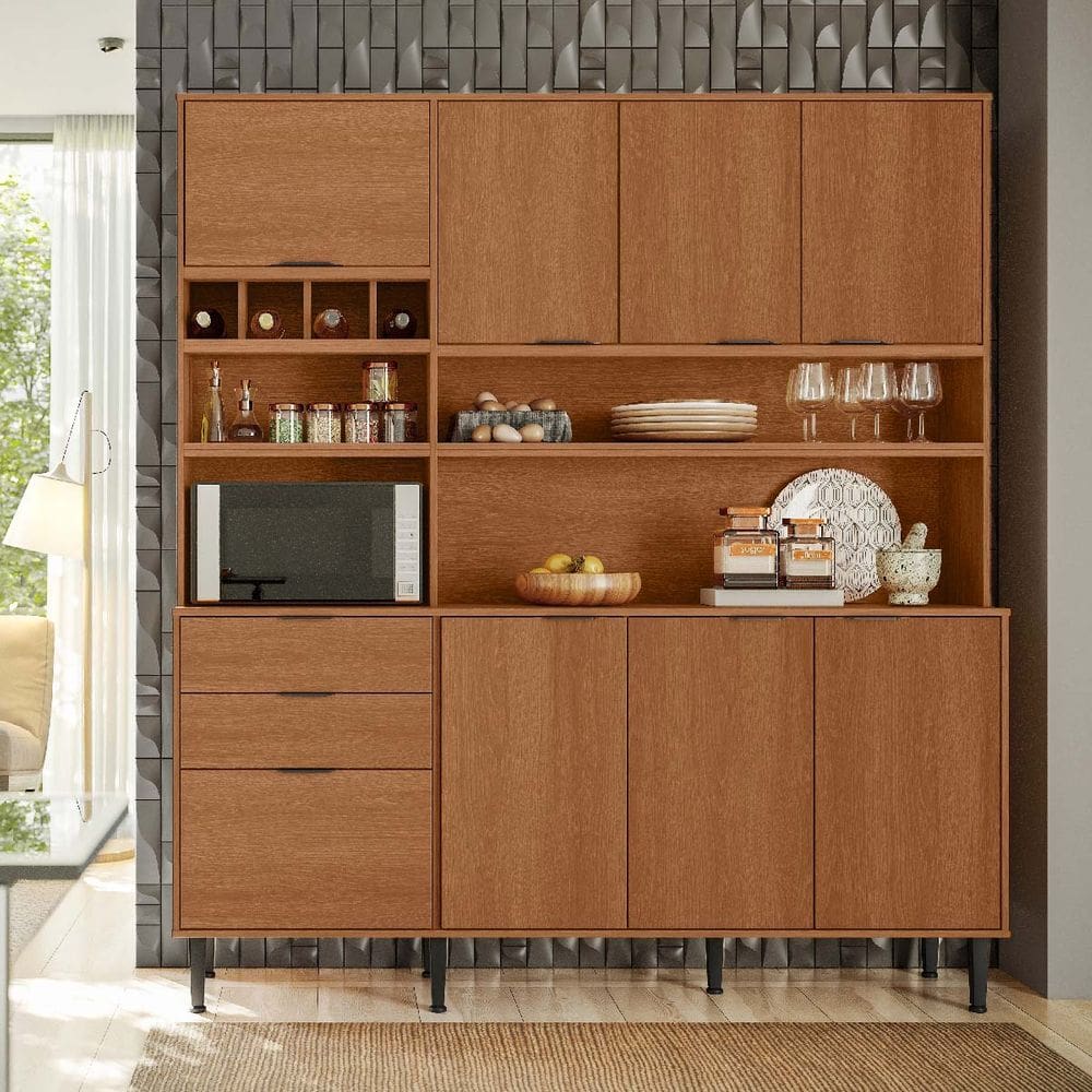 Armário de Cozinha Viena 7 Portas 3 Gavetas e Adega para 4 Garrafas Jequitibá - Lukaliam