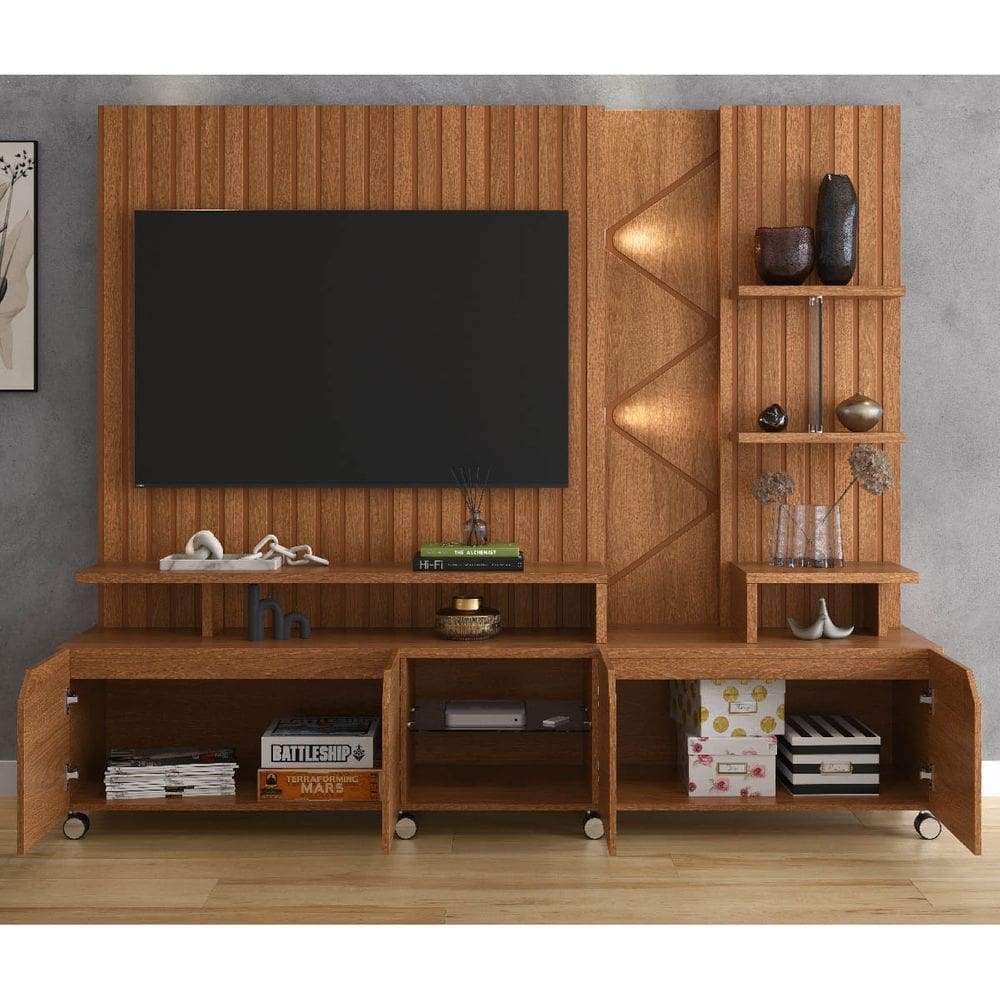 Estante Home Cross para TV até 55 Polegadas 4 Portas Prateleiras Luz Led e Rodízio Jequitibá - Lukaliam