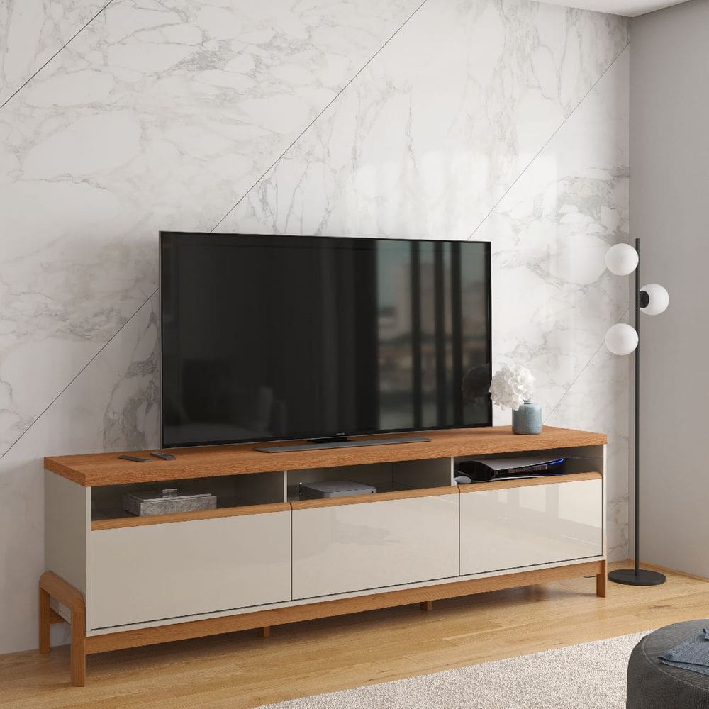 Rack Elegance 2.1 para TV até 75 polegadas 1 Porta 2 Gavetas Off White/Jequitibá - Lukaliam