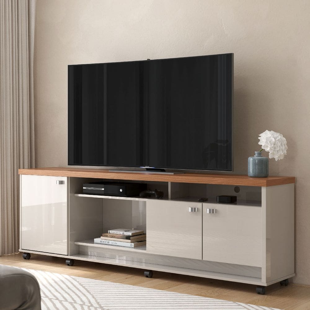 Rack para TV até 75 polegadas Dallas com 3 Portas e Rodízios Off White/Jequitibá - Lukaliam