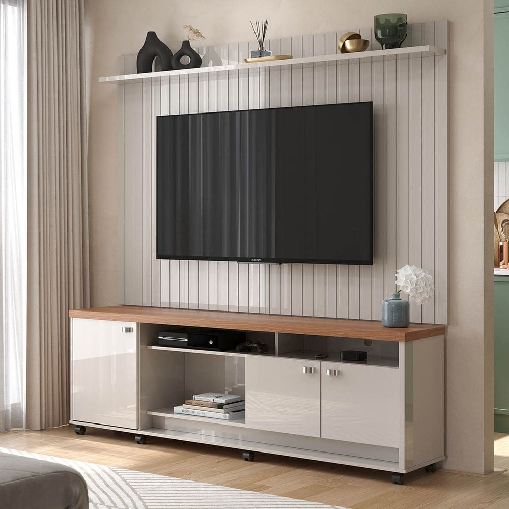 Rack com Painel Dallas para TV até 75 polegadas 3 Portas e Rodízios Off White/Jequitibá - Lukaliam