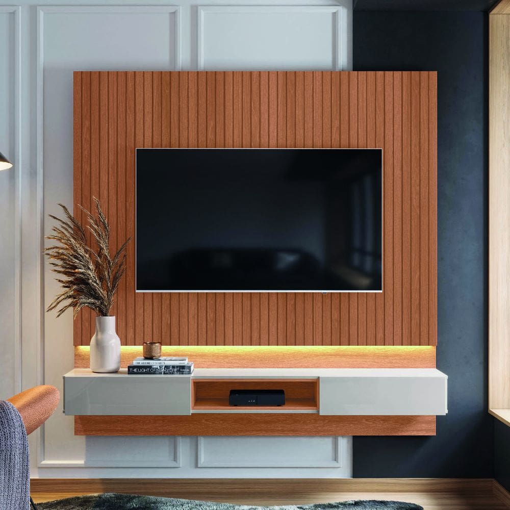 Painel Paris para TV até 70 polegadas com 2 Gavetas Iluminação em fita de LED Jequitibá/Off White - Lukaliam