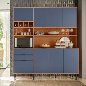 Armário de Cozinha Viena 7 Portas 3 Gavetas e Adega para 4 Garrafas Jequitibá/Azul Lord - Lukaliam