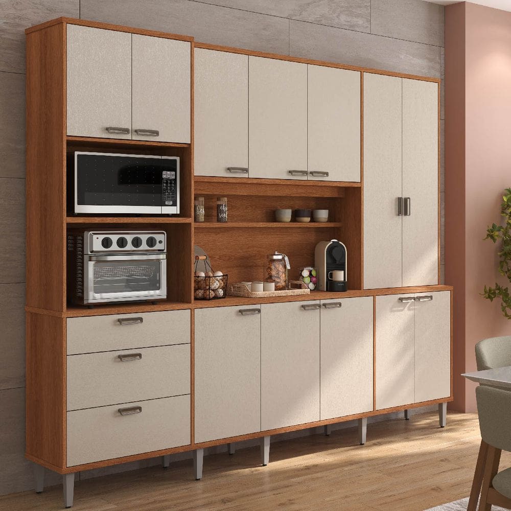Armário de Cozinha Pulse 12 Portas 3 Gavetas Jequitibá/Areia - Lukaliam