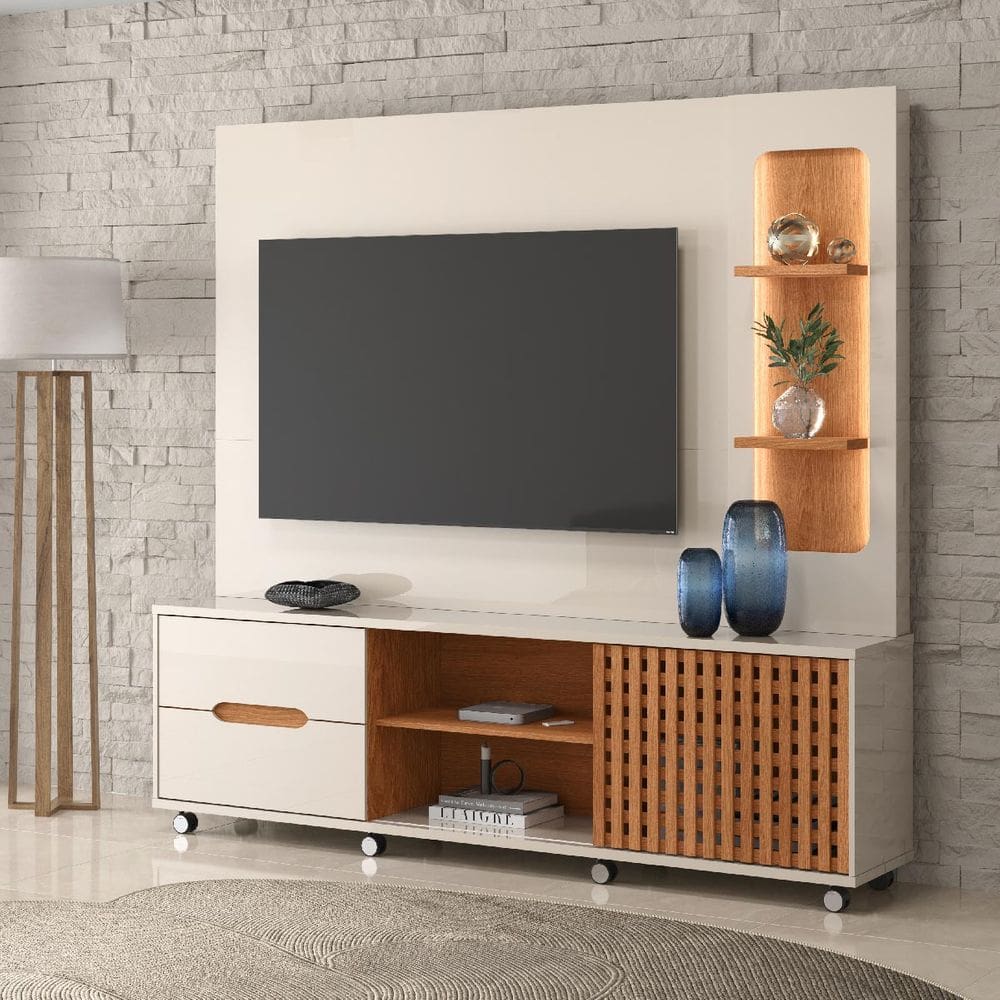 Estante Home Brise para TV até 70 Polegadas 1 Porta Correr 2 Gavetas e Rodízio Off White/Jequitibá - Lukaliam