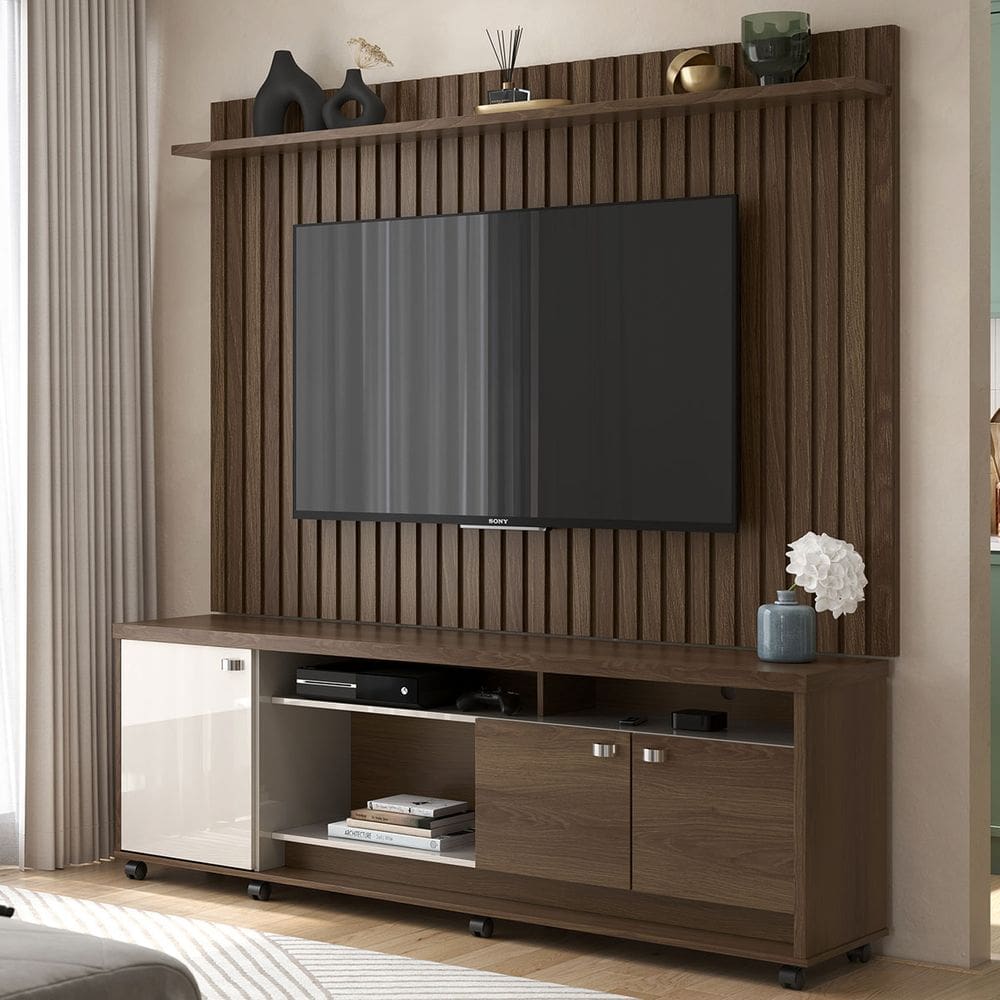 Rack com Painel Dallas para TV até 75 polegadas 3 Portas e Rodízios Imbuia/Off White - Lukaliam