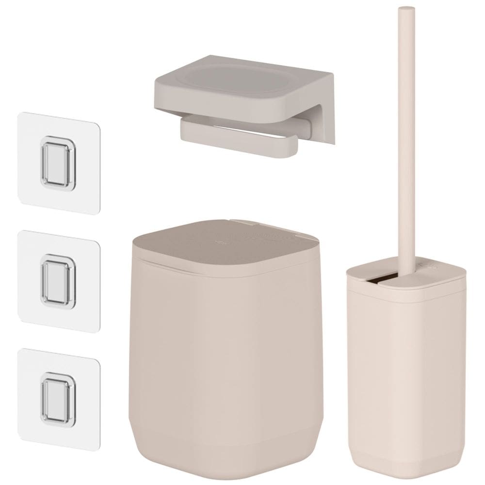 Conjunto de Lixeira com Escova Sanitária e Porta Papel Higiênico Aura Bege - Ou