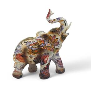 Elefante Branco Floral com Detalhes Coloridos 14 cm