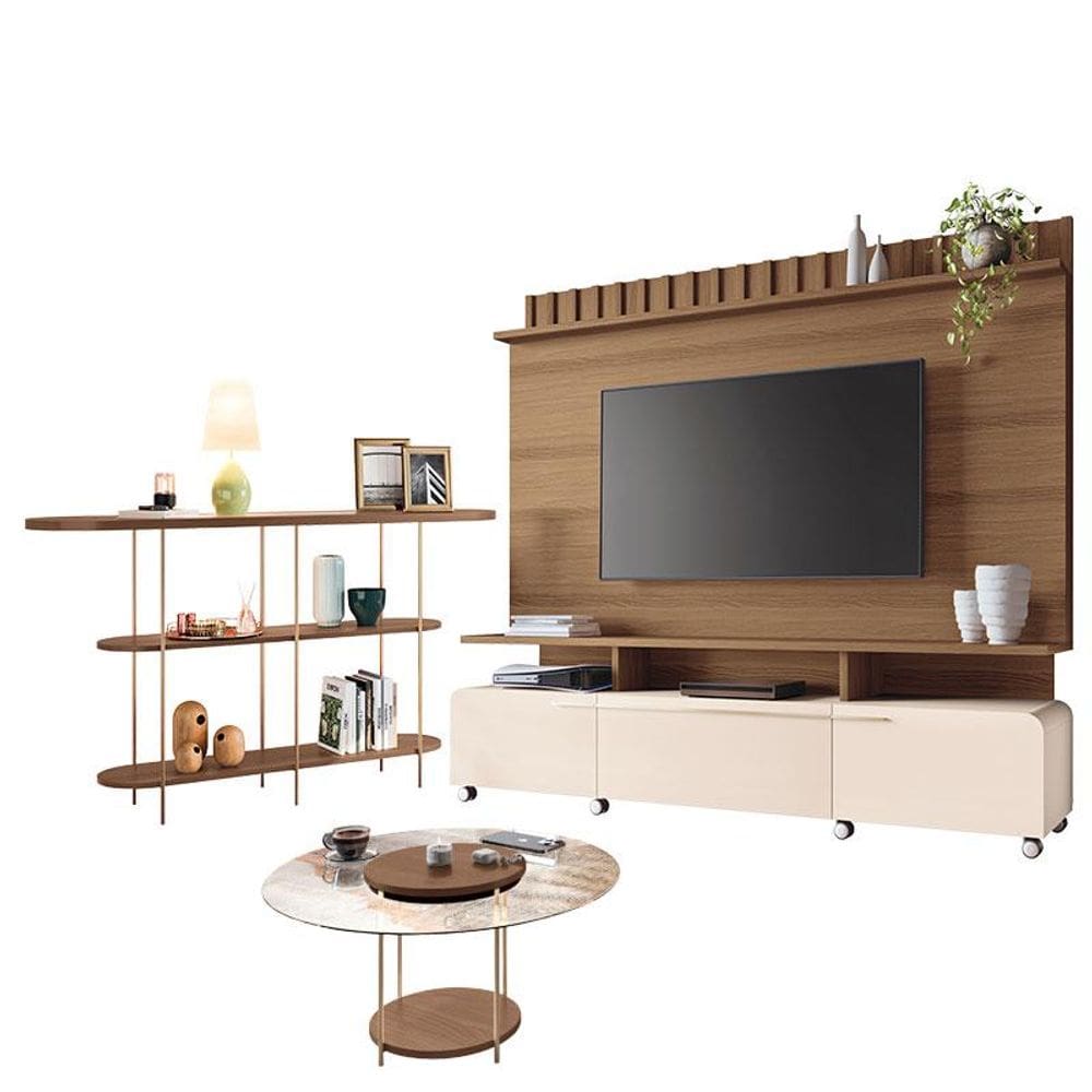 Estante Home Theater Artís Off White Castanho e Aparador Infinity Castanho e Mesa de Centro Sky com tampo de vidro Castanho - HB Móveis