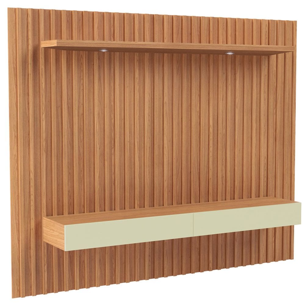 Painel Ripado Para TV 65 Pol com LED 2 Gavetas 223cm Baraka D03 Freijó Off White - Lyam Decor
