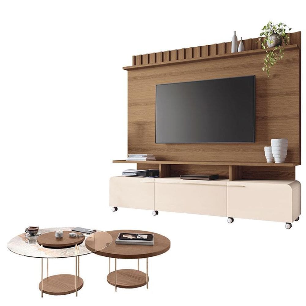 Estante Home Theater Artís Off White Castanho e  Kit Mesa de Centro Sky Castanho - HB Móveis