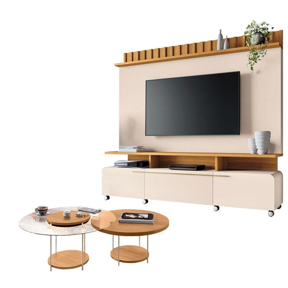 Estante Home Theater Artís Off White Cinamomo e  Kit Mesa de Centro Sky Cinamomo - HB Móveis