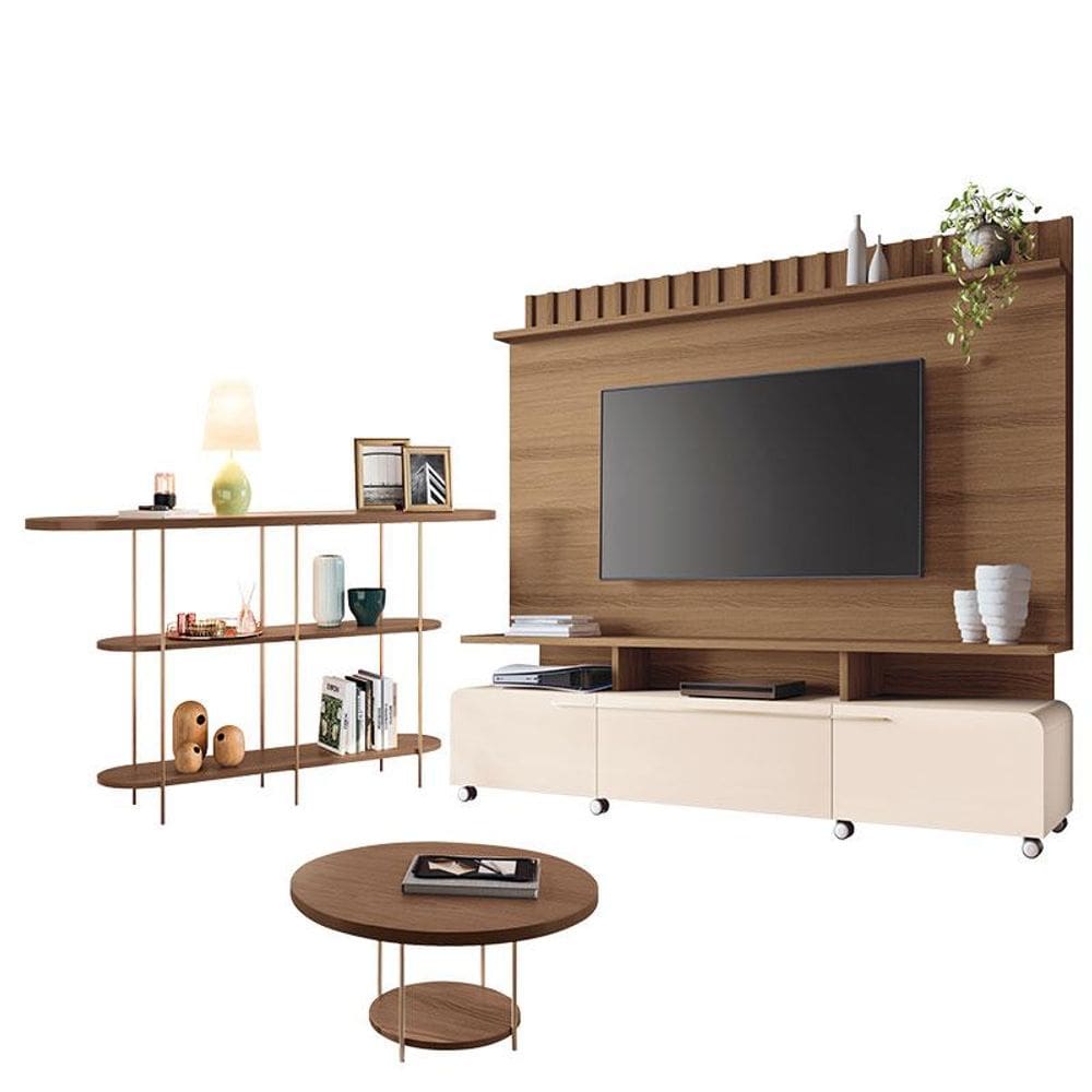 Estante Home Theater Artís Off White Castanho e Aparador Infinity Castanho e Mesa de Centro Sky Castanho - HB Móveis