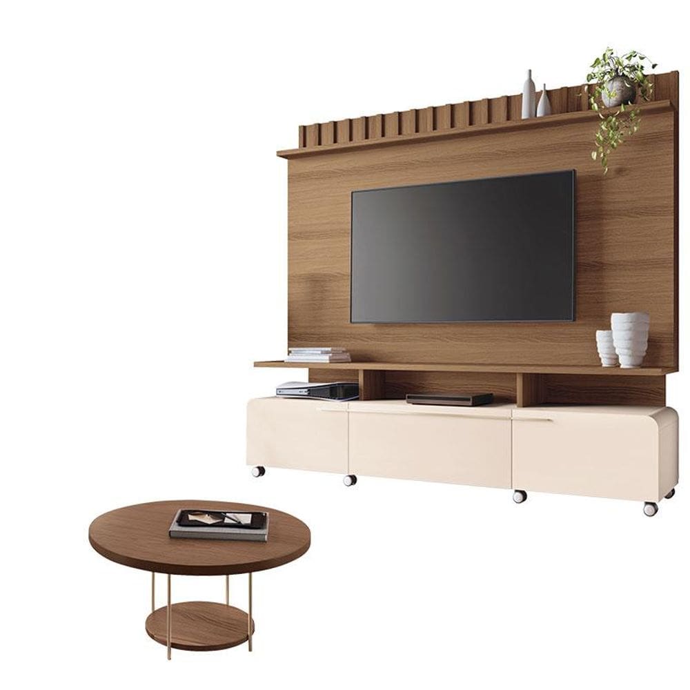 Estante Home Theater Artís Castanho Off White e Mesa de Centro Sky Castanho- HB Móveis
