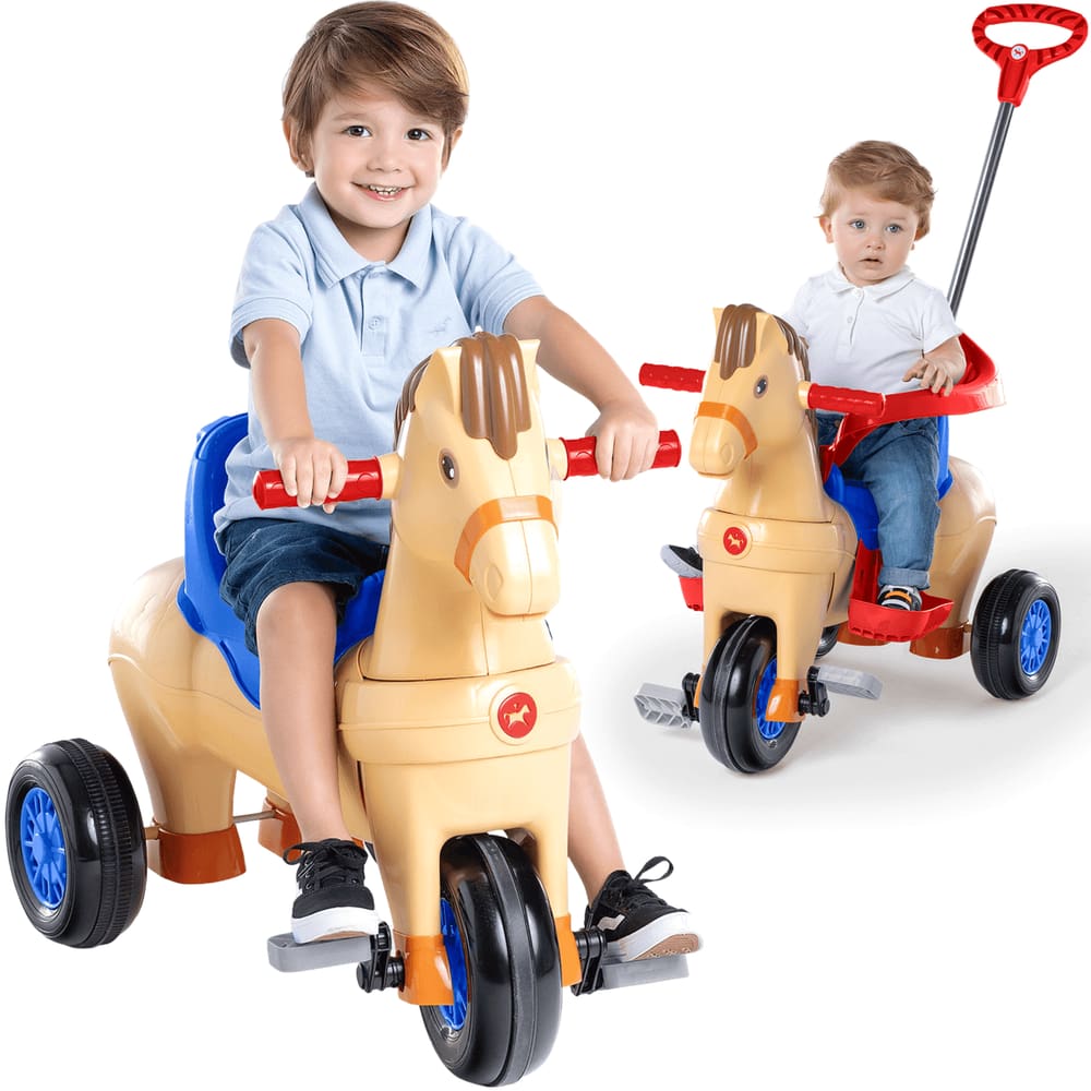 Carrinho de Passeio e Pedal Calesita Poto Azul Cavalinho com Som