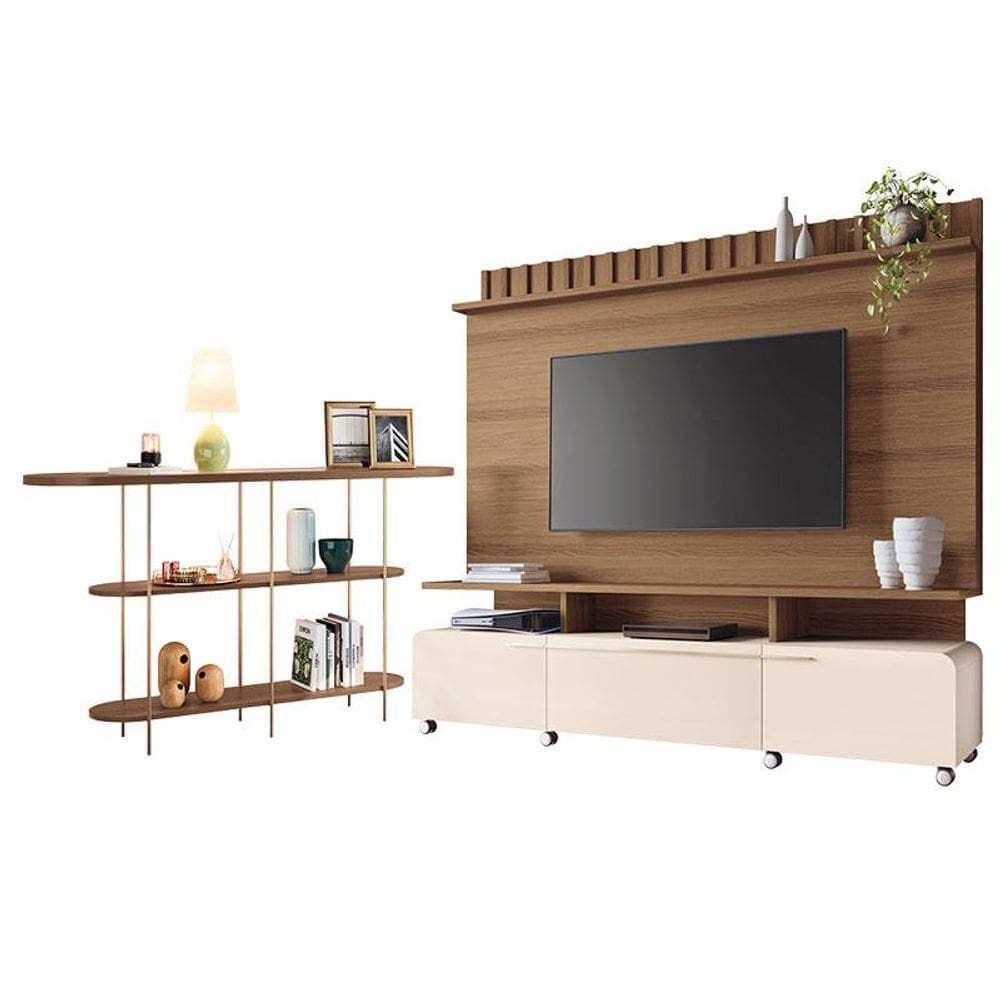 Estante Home Theater Artís Off White Castanho e Aparador Infinity Castanho - HB Móveis