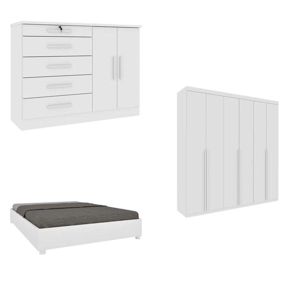 Quarto Casal Completo Guarda-Roupa 6 portas Milano, Cama Monaco e Cômoda Istambul Espresso Móveis Neve