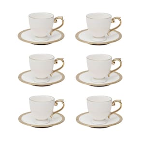 Cj 6 Xícaras P/Café C/Pires Porcelana Paddy Branco/Dourado 90ml Wolff