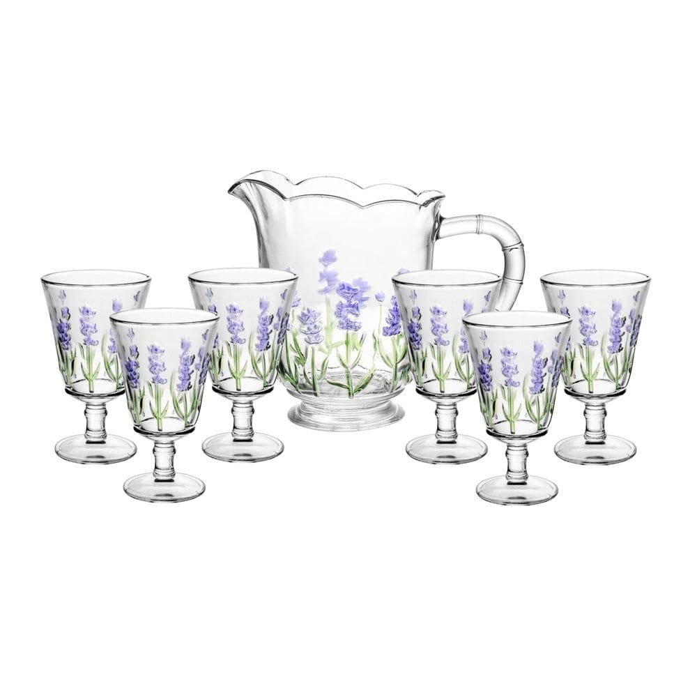 Cj Jarra 1,3 Litros C/6 Taças 240ml de Cristal Lavanda Hand Painting Lyor