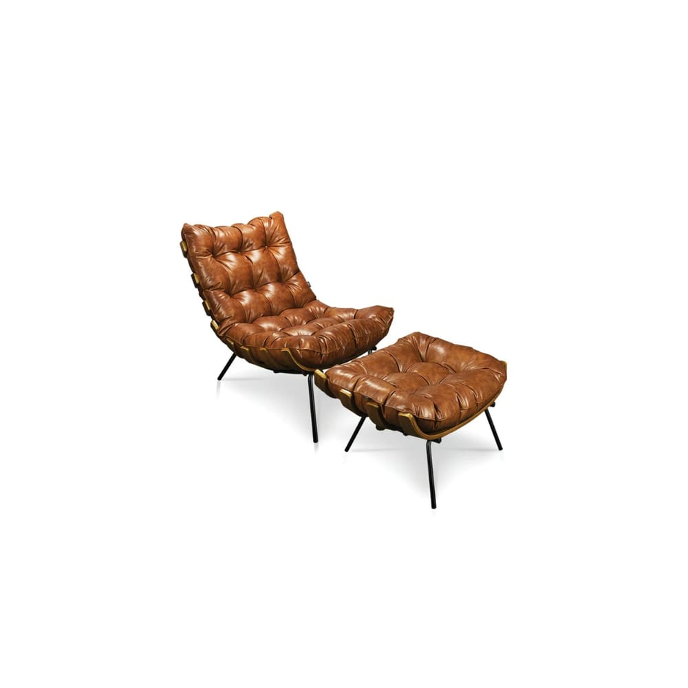 Kit Poltrona e Puff Decorativo Costela Courino Nozes Caramelo - Montanaris Decor