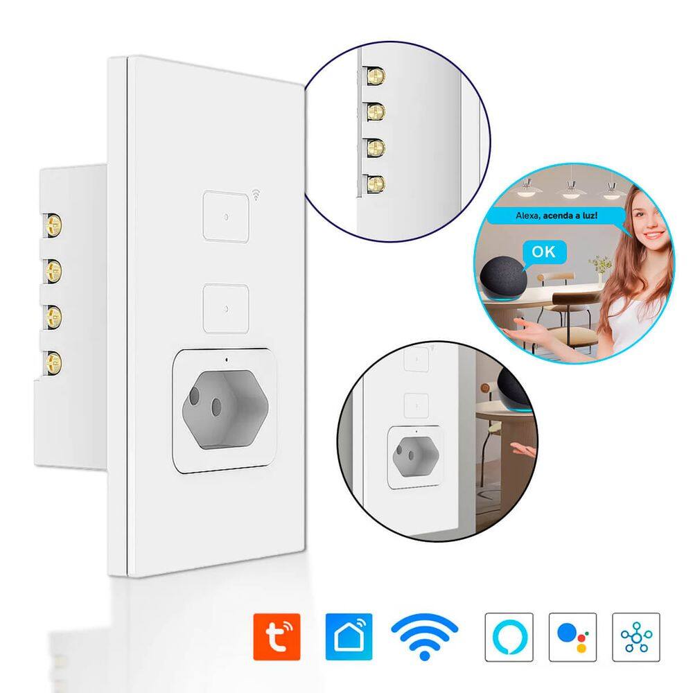 Interruptor Inteligente Wireless Tomada 2 Botões Bivolt Compatível com Alexa e Google Assistente Controle Remoto via App Proteção Contra Sobrecarga