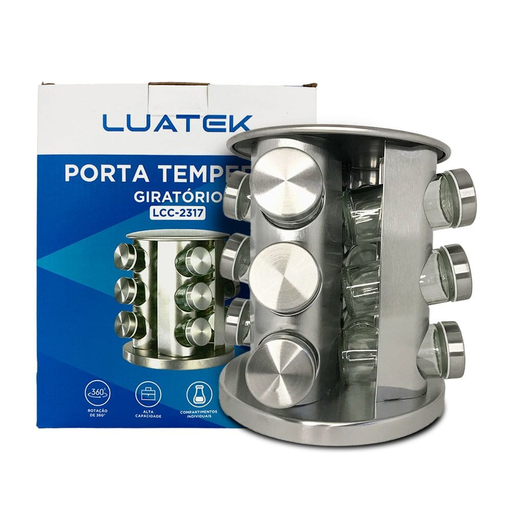 Carrossel Porta Temperos Aço Inox 12 Potes de Vidro com Tampa Peneira Base Giratória 360° Prático e Elegante para Cozinha Organização e Conservação