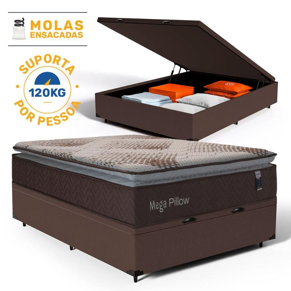 Cama Box Baú com Colchão de Molas Ensacadas Mega Pillow Casal 138cm