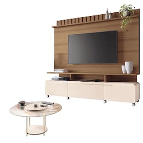 Estante Home Theater Artís Castanho Off White e Mesa de Centro Sky com Tampo de Vidro Off White - HB Móveis