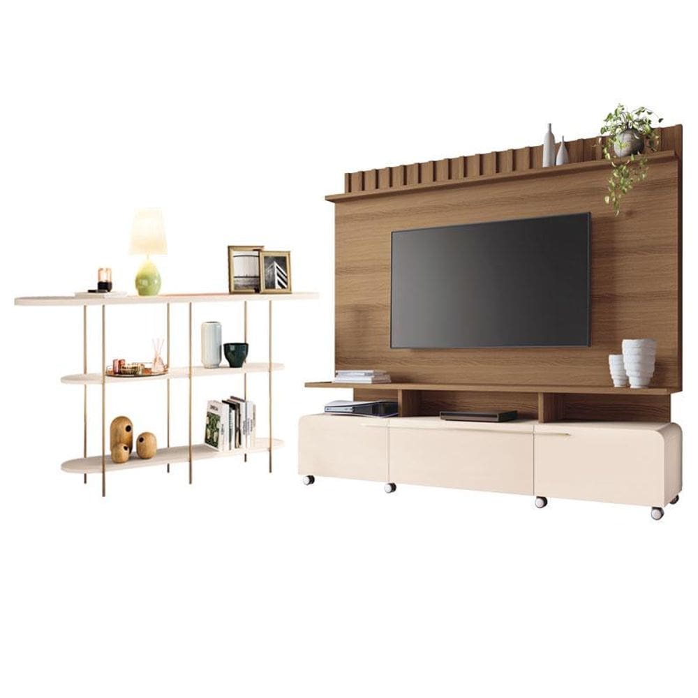 Estante Home Theater Artís Off White Castanho e Aparador Infinity Off White - HB Móveis