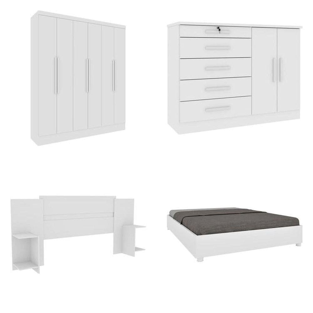 Quarto Casal Completo Guarda-Roupa 6 portas Munique Cama Mônaco com Cabeceira Cômoda Istambul Espresso Móveis Neve