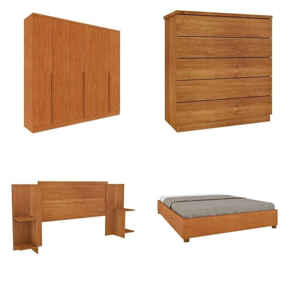 Quarto Casal Completo Guarda-Roupa 6 portas Londres Cama Mônaco com Cabeceira Cômoda Premium Espresso Móveis Cinamomo