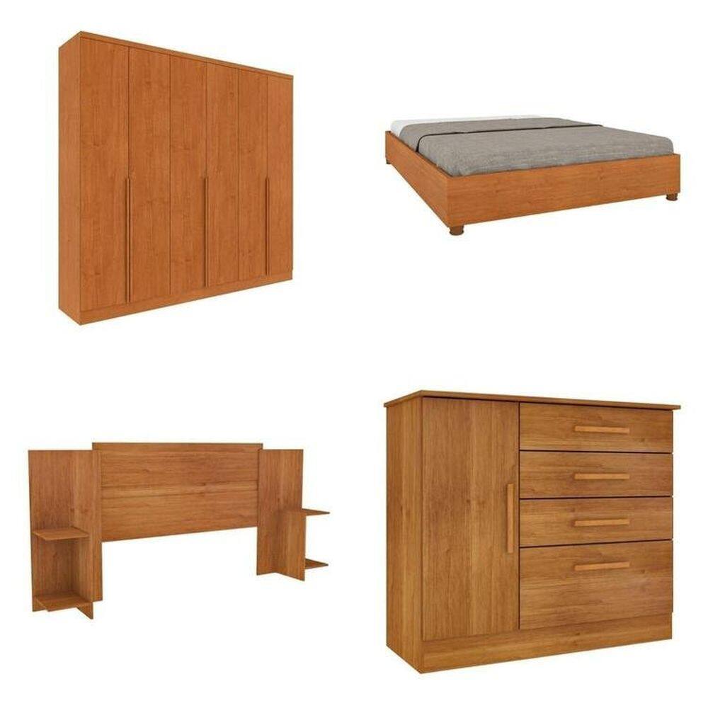 Quarto Casal Completo Guarda-Roupa 6 portas Londres Cama Mônaco com Cabeceira e Cômoda Chicago Espresso Móveis Cinamomo