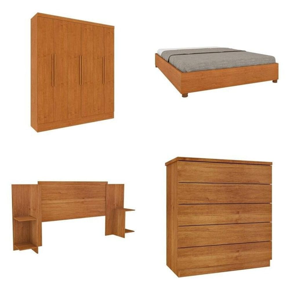 Quarto Casal Completo Guarda-Roupa 6 portas Munique Cama Mônaco com Cabeceira Cômoda Premium Espresso Móveis Cinamomo