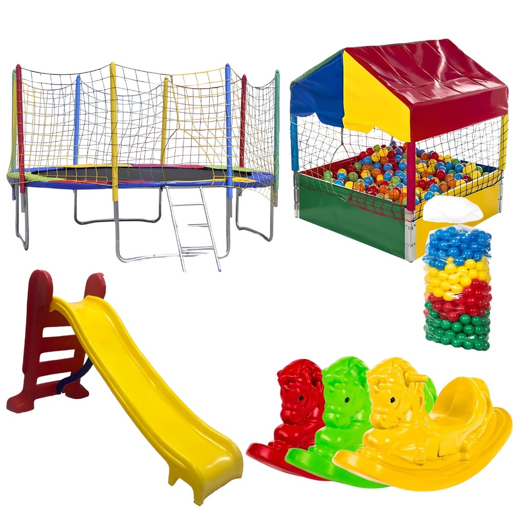 Cama Elástica 3,05m Piscina de Bolinha 1,00m c/ 500 Bolinhas Escorregador Médio 3 Gangorra 1 Lugar