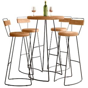 Conjunto Mesa Bistrô Alta e 4 Banquetas com Encosto Estilo Industrial Aura D09 Peroba - Mpozenato