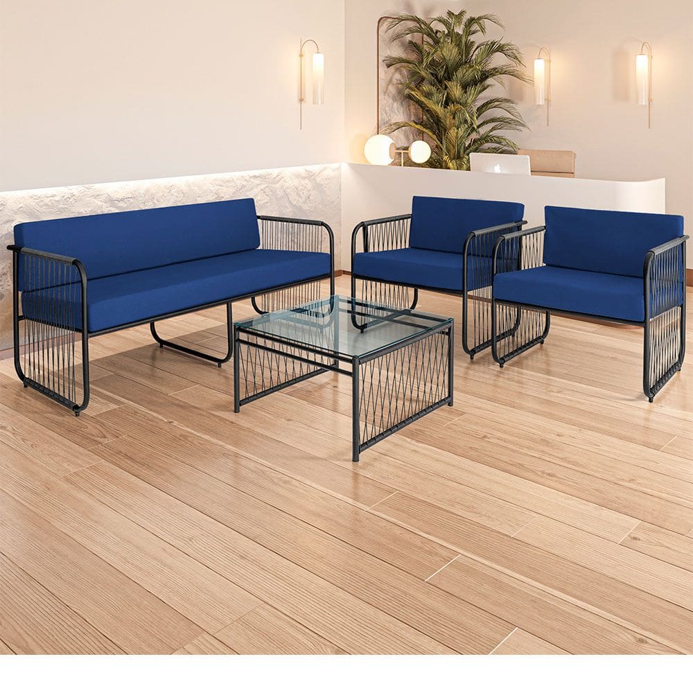 Conjunto 2 Poltronas 1 Namoradeira e 1 Mesa de Centro Córdova em Aço Carbono e Fibra Sintética Acesse Móveis