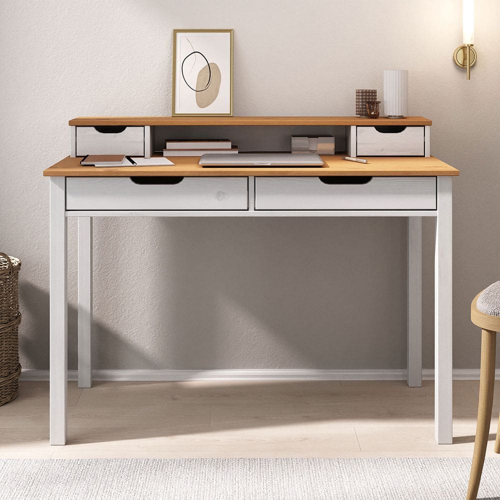 Mesa de Estudo Quarto Retrô Minimalista Madeira 2 Nichos Branco Freijó Raul