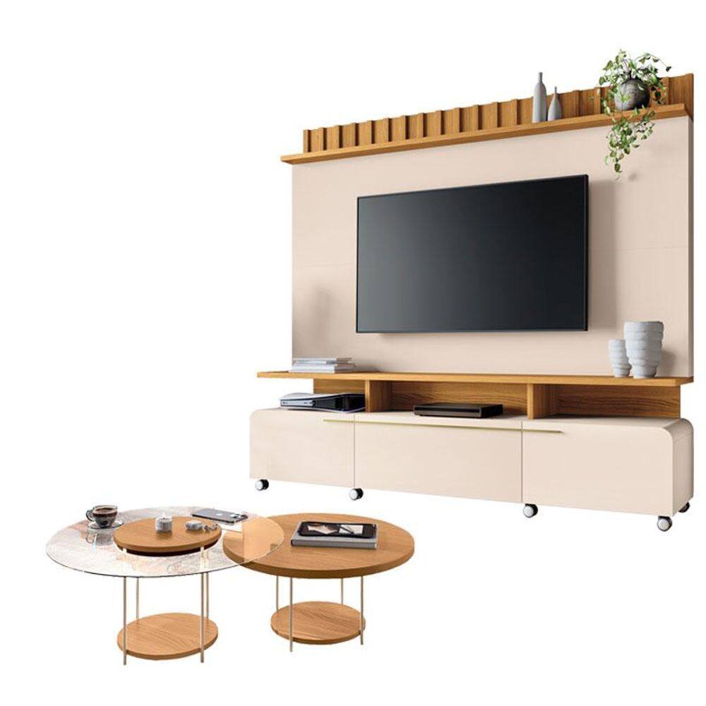 Estante Home Theater Artís Off White Cinamomo e  Kit Mesa de Centro Sky Cinamomo – HB Móveis