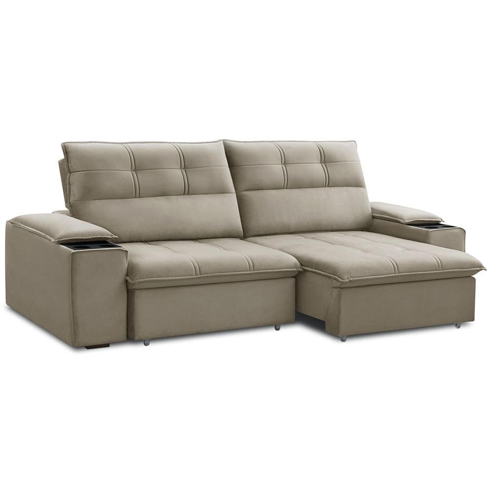 Sofá Retrátil Reclinável 3 Lugares Sala de Estar 225cm Merida F04 Veludo Marrom Claro - Lyam Decor