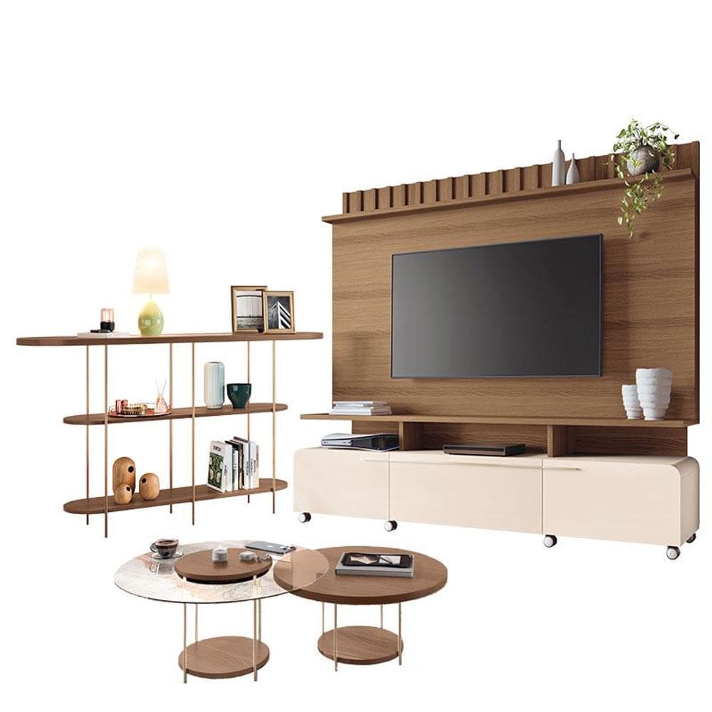 Estante Home Theater Artís Off White Castanho e Aparador Infinity e Kit Mesa de Centro Sky Castanho – HB Móveis