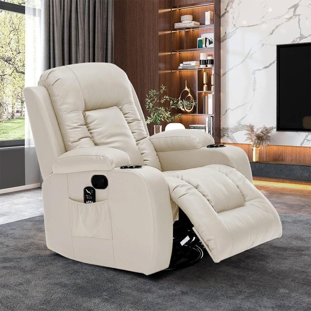 Poltrona Do Papai Sala De Estar Giratória Reclinável Manual Austin Aquecimento Massagem Pu Bege G94 - Gran Belo
