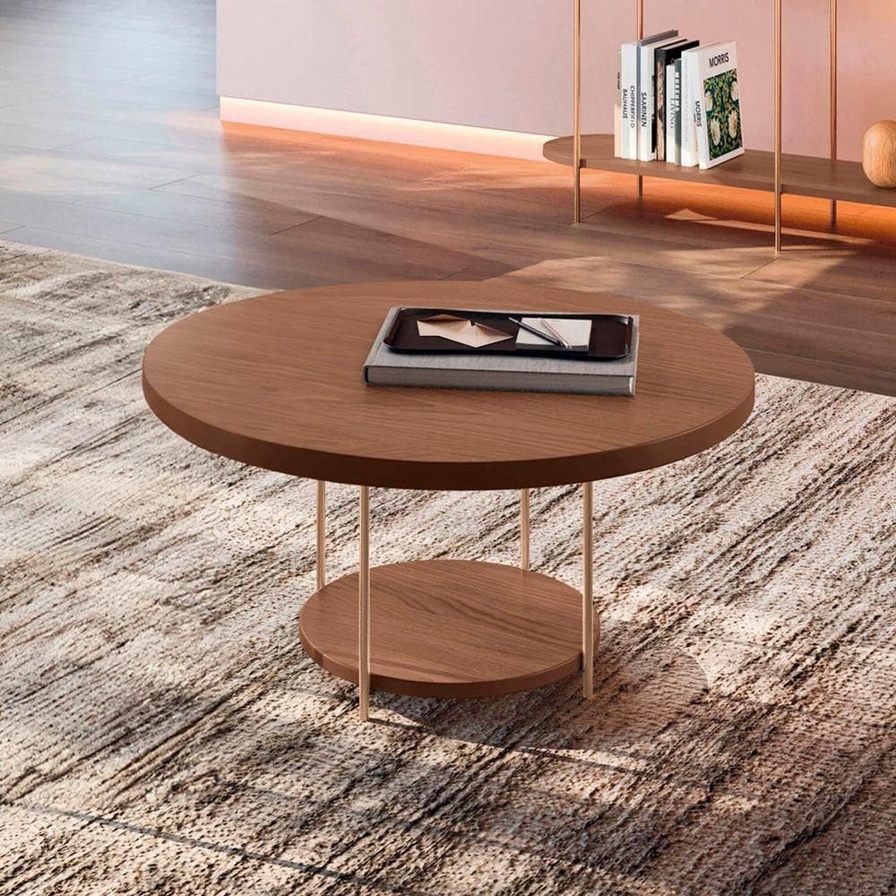 Mesa De Centro Redonda Mdf Pés Metálicos Sky Castanho - Hb Móveis