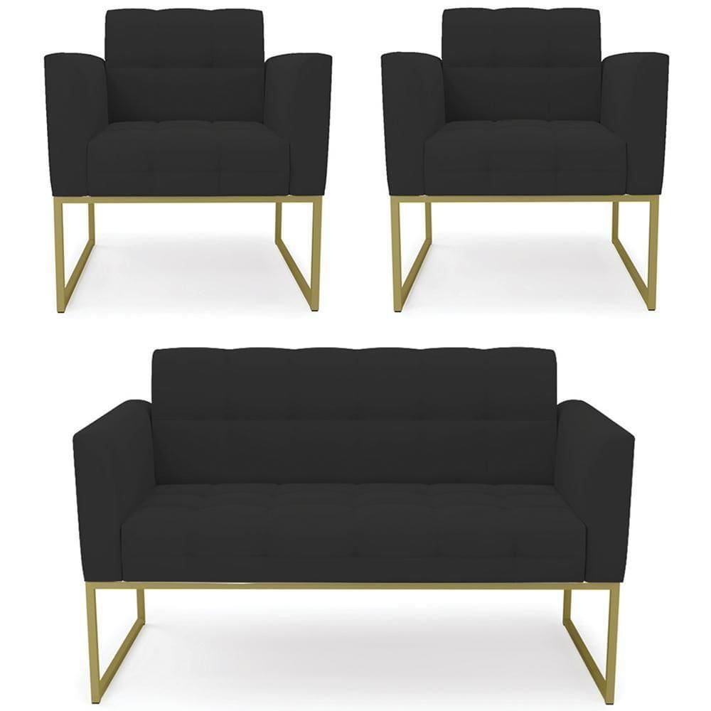 Sofá Namoradeira E 2 Poltronas Base Industrial Dourado Ana Veludo Preto - Ibiza